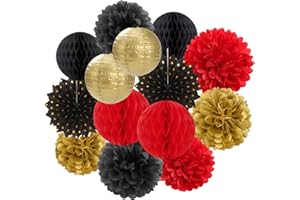Red-Black Gold Party Decorations Streamers Lanterns - 14pcs Casino-Theme Graduation 2025 Paper Fan,Game Night Wedding Birthday Baby Bridal Shower Tissue Pom Poms,Honeycomb Balls Decor Ouruola