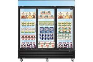 mikibama Glass Door Merchandiser Freezer, 70 Cu.ft Swing Door Commercial Reach-In Display Refrigerator with LED Top Panel Upright Freeze Storage, Three Cabinets, Black