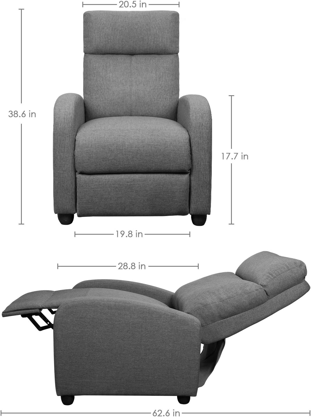 JUMMICO Fabric Recliner Chair Adjustable Home Theater Single Massage Recliner Sofa Furniture with Thick Seat Cushion and Backrest Modern Living Room Recliners (Grey): Furniture & Decor