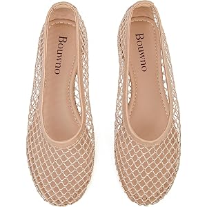 Bouwno Mesh Ballet Flats for Women Slip On Round Toe Comfy Casual Office Fishnet Ballerina Flat Shoes