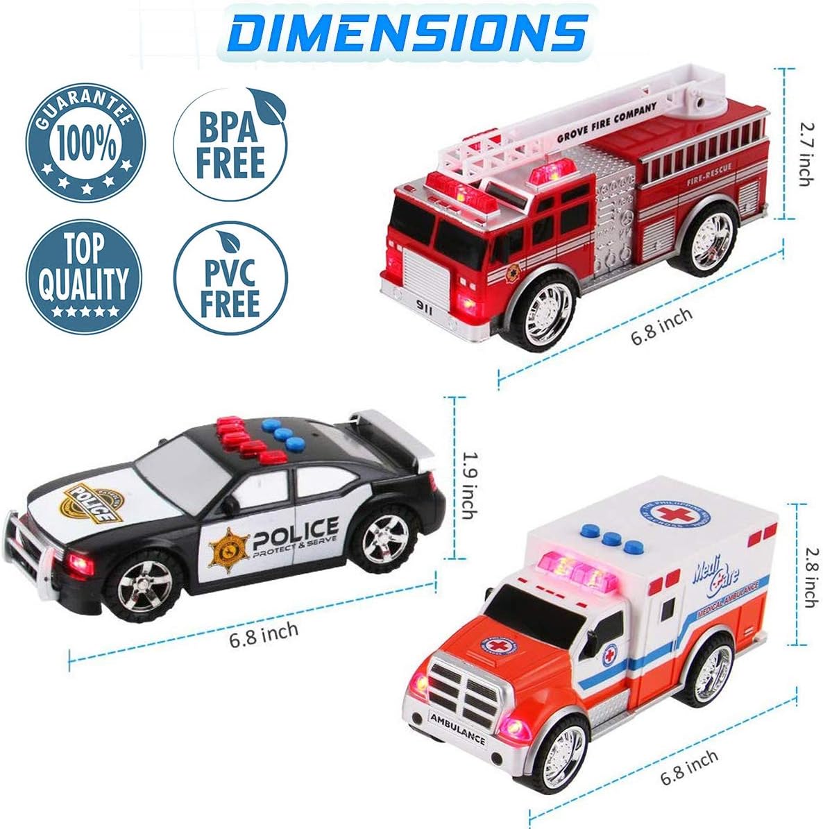 Liberty Imports 3-in-1 True Hero Emergency Rescue Vehicles Kids Toy Cars Playset - Ambulance, Fire Truck and Police Car with 3-Button LED Light and Sound Effects: Toys & Games