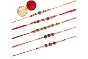 CRAFTSMAN SATVIK 5 Pc Set of Designer Assorted Rakhi for Brother Bhaiya Bhabhi Traditional Handmade Bracelet Thread with Roli Chawal, Greeting Card & Soun Sticker Indian Rakshabandhan Bro Rakhdi Rakhee Gift