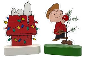 MARK FELDSTEIN & ASSOCIATES Mark Feldstein, Peanuts Holiday LED Illuminated Acrylic Tabletop Lights, Snoopy's Decorated Doghouse and Charlie Brown's Christmas Tree, 6 Inch (Set of 2)