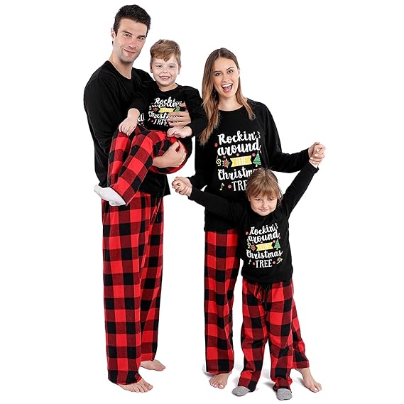 Buy Funny Christmas Family Pajamas Matching Sets, Long Sleeve T-Shirt and Plaid Pants PJs Set 