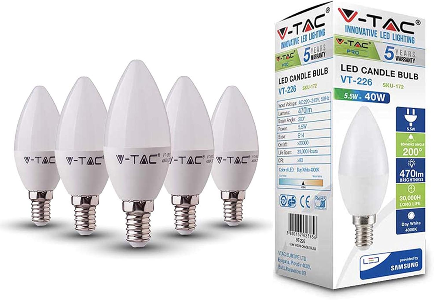 V-TAC E14 LED Candle Bulbs, Daylight, 5 Count (Pack of 1)