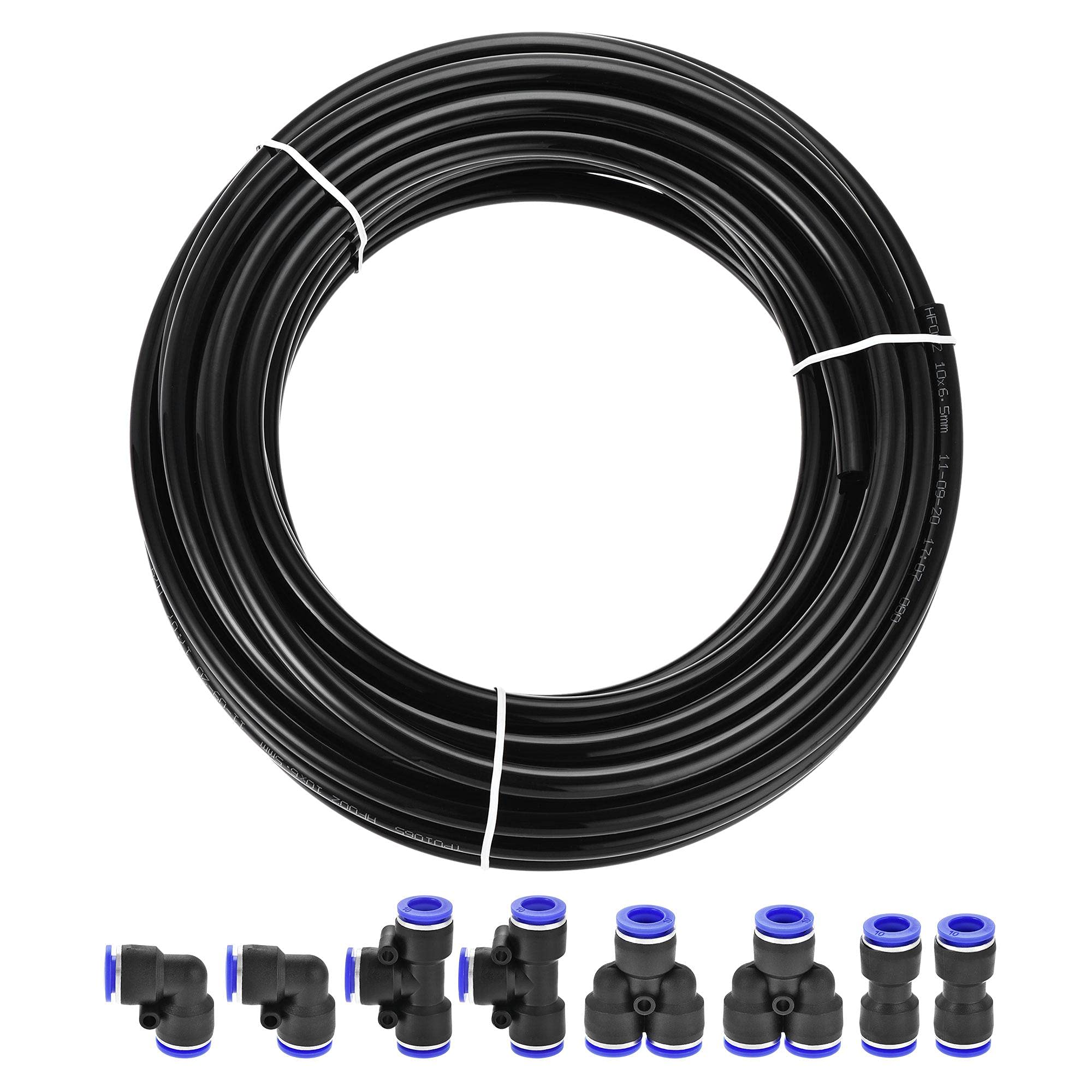 sourcing map Pneumatic 10mm OD Polyurethane PU Air Hose Tubing Kit 10 Meters Black with 8 Pcs Push to Connect Fittings
