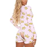 Womens Sexy Onesie Pajama with Butt Flap Long Sleeve V Neck Bodycon One Piece Romper Sleepwear