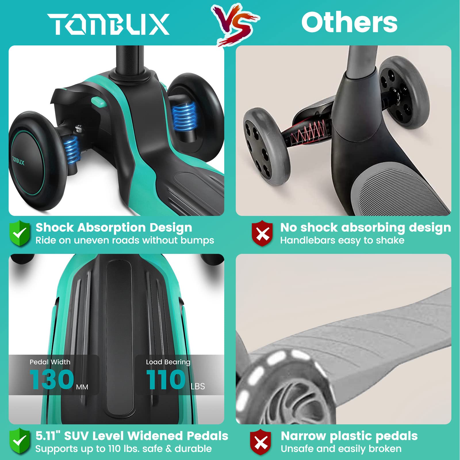 TONBUX Kids Scooter for Age 3-12, Toddler Scooter with 4 Adjustable Heights, Light Up 3-Wheels Scooter, Shock Absorption Design, Lean to Steer, Balance Training Scooter for Kids