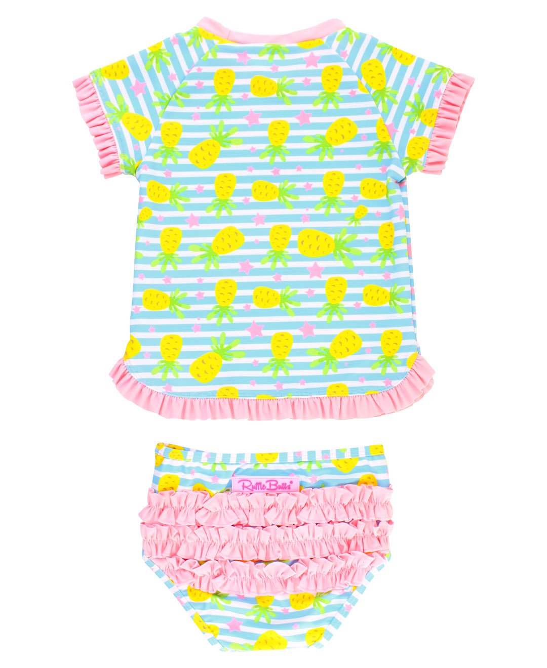 RuffleButts Little Girls UPF 50+ 2-Piece Short Sleeve Rash Guard Bikini w/Ruffles
