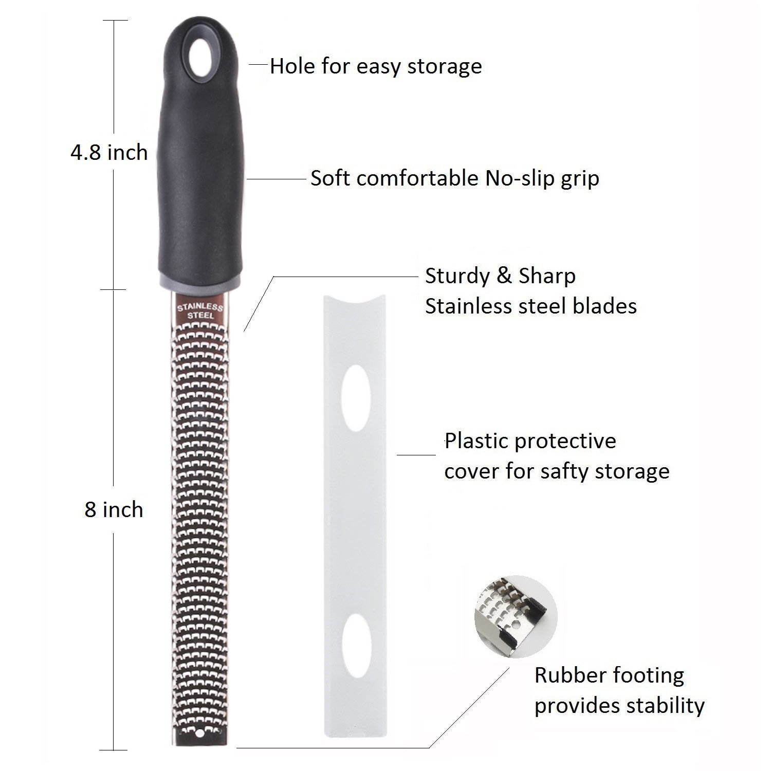 Professional Kitchen Cheese Grater Handheld Dishwasher Safe Stainless Steel Lemon Zester Plate with Protective Cover (Black)