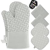 KEGOUU Oven Mitts and Pot Holders 6pcs Set, Kitchen Oven Glove High Heat Resistant 500 Degree Extra Long Oven Mitts and Potholder with Non-Slip Silicone Surface for Cooking （Greenish Gary）