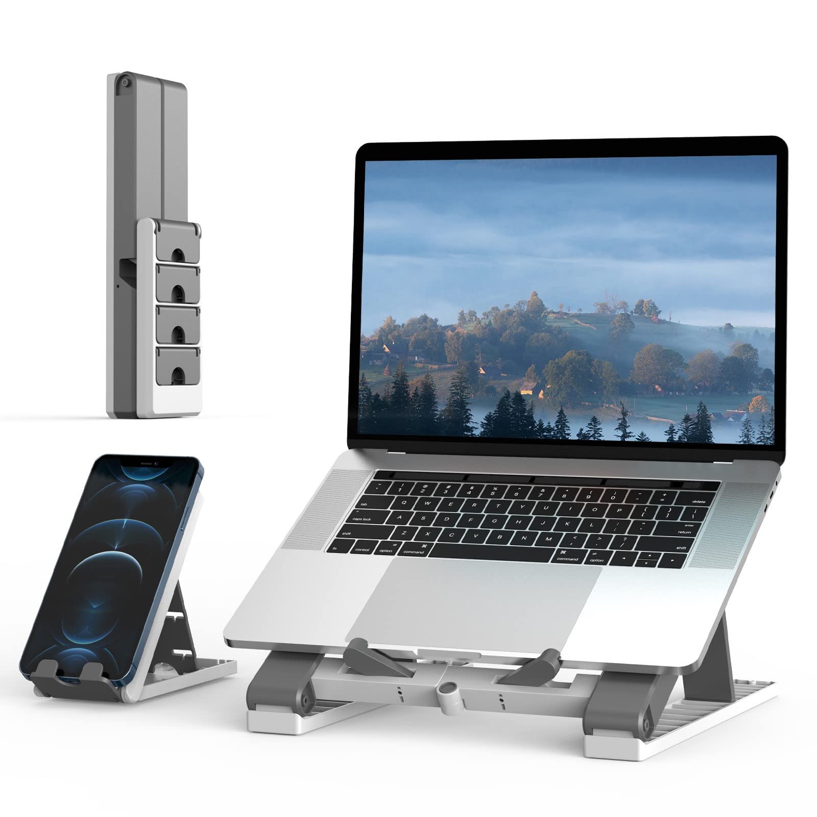 Klearlook Portable 2 in 1 Laptop Stand with Phone Stand - Adjustable Laptop Stand and Phone Stand for Desk,Ventilated Foldable Laptop Holder, Desktop Notebook Computer Riser for All Laptops (11-17'')