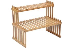 GURECOD 14.6"/18.5" 2 Tiers Bamboo Plant Stand Shelf,Desk Flower Pot Holder,Adjustable Desktop Shelf Display Organizer Ladder Rack For Office Decorate Storage Rack,Kitchen rack (14.6" Length)