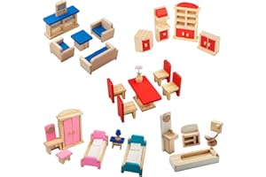 Giragaer Wooden Dollhouse Furniture 5 Set, Wood Doll House Miniature Bathroom/Living Room/Dining Room/Bedroom/Kitchen House Furniture Doll Decoration Accessories Pretend Play Kids Toy Colorful…