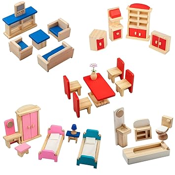 Giraffe 5 Set Colorful Wooden Doll House Furniture, Wood Miniature Bathroom/ Living Room/ Dining Room/ Bedroom/ Kitchen House Furniture Dollhouse Doll Decoration Accessories Pretend Play Kids Toy