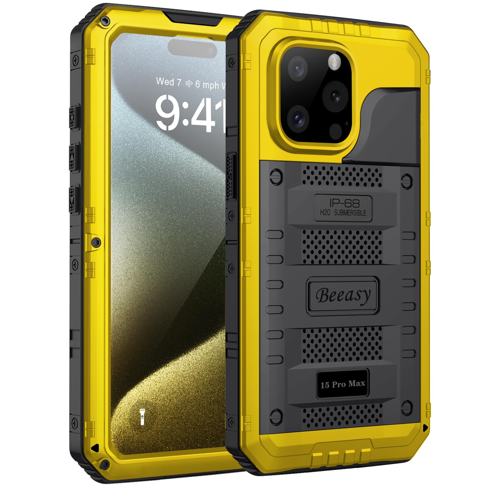 Beeasy for iPhone 15 Pro Max Case Waterproof Heavy Duty Tough Metal Armour Cover Shockproof Dustproof Built-in Screen Protector, Robust Full Body Protective Military Rugged Case for 15 Pro Max, Yellow