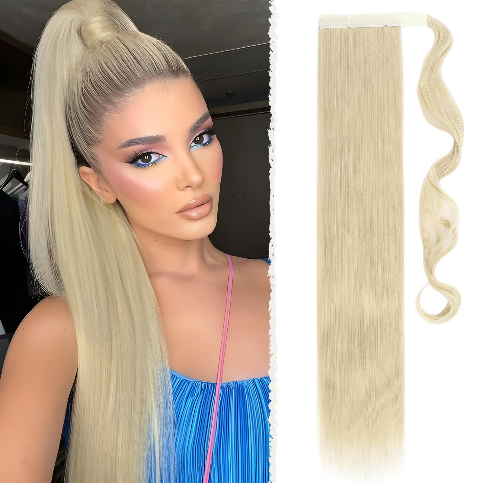 Benehair Straight Ponytail Extension 26 Inches Long Wrap Around Drawstring Ponytail Synthetic Hair Extension Ponytail Hairpieces Blonde Hair Pieces for Women(Blonde, 100g)