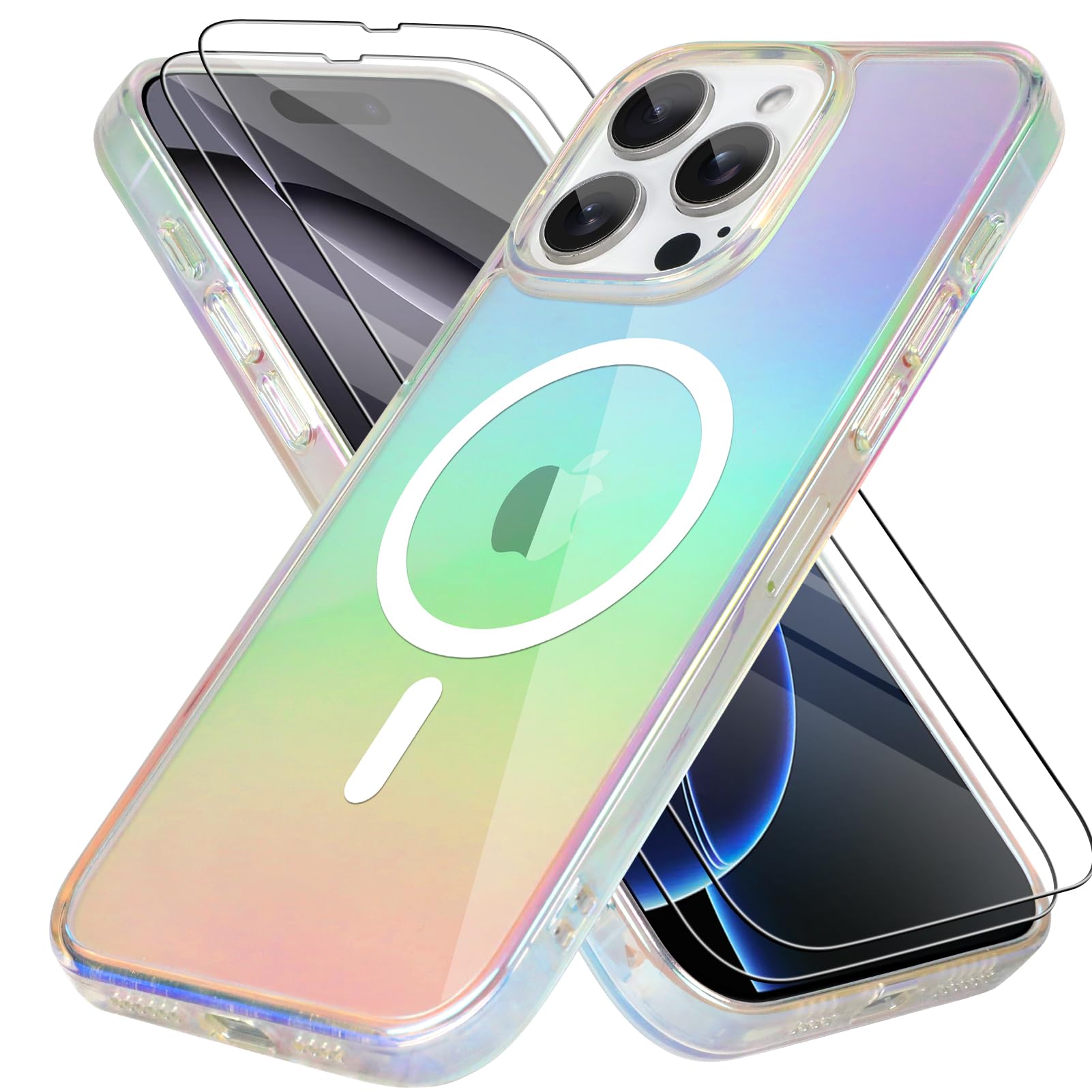 Photo 1 of Bonoma for iPhone 16 Pro Case Magnetic ?Support for Magsafe? Bling Laser Iridescent Florescent Crystal Luxury Camera Protector + 2* Screen Protector Shockproof Edge Cover -Clear