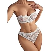 WDIRARA Women's 2 Piece Exotic Lingerie Set Floral Lace Mesh Sheer Strapless Bra and Panty Set