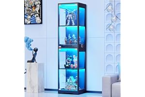 BROTTAR Glass Display Cabinet, 4-Tier Curio Cabinets with 3 Color Lights for Collectibles, Storage Cabinet with Door, Glass Display Case & Bookcase with Human Body Sensor, Black