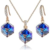 EVEVIC Colorful Cubic Austrian Crystal Pendant Necklace Earrings for Women 14K Gold Plated Hypoallergenic Jewelry Set