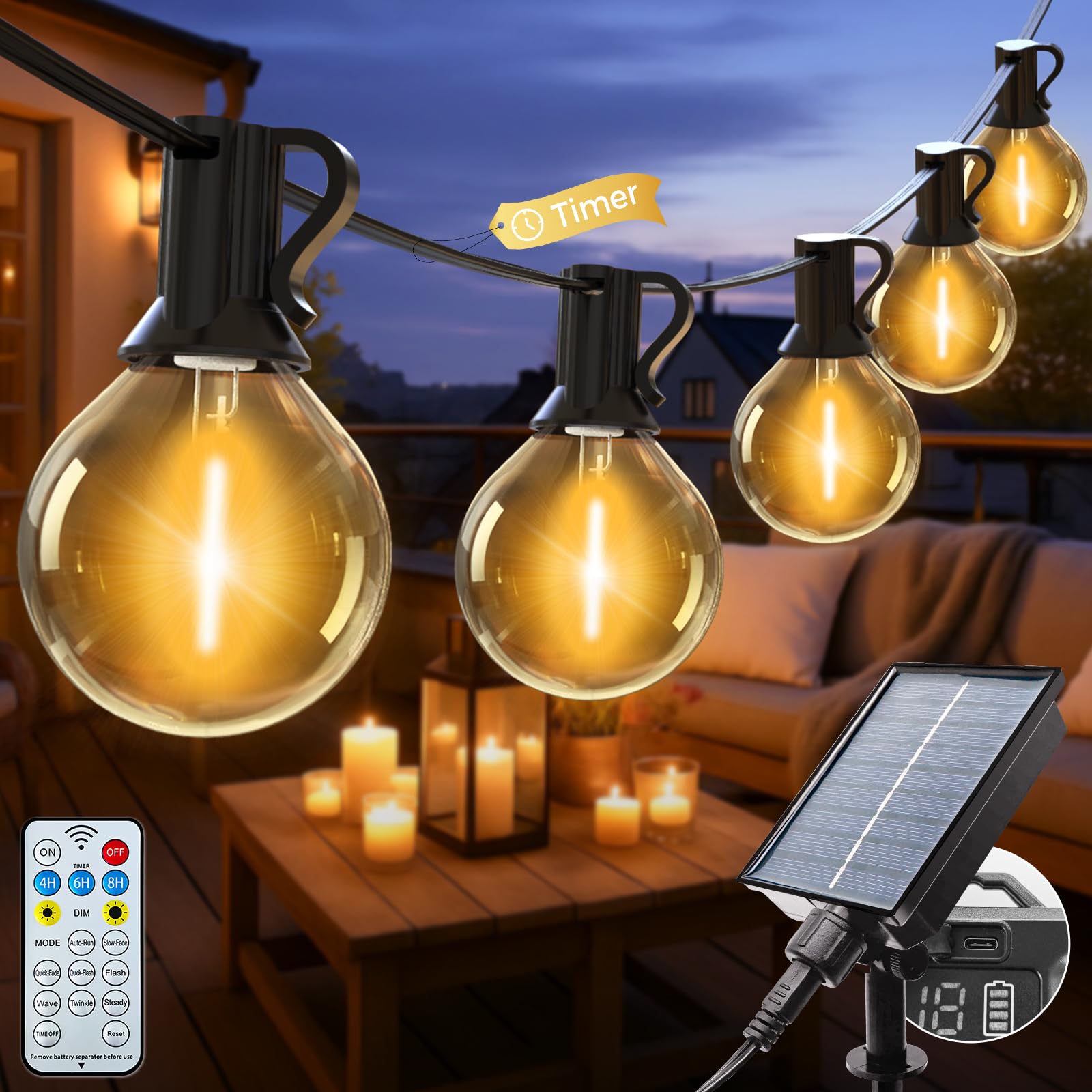 litogo Solar Festoon Lights Outdoor with Remote, 25+2 Bulbs Solar String Lights Outdoor Garden Dimmable, 30Ft/9M 8 Modes Timer Patio Light for Outside Wedding Backyard Party Camping (Warm White) — image 1
