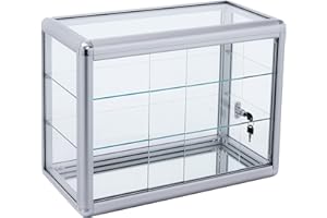 CRIEBEO Display Case, Glass Display Cabinet,3 Tier Tempered Glass Counter Top Display Showcase, Silver Aluminum Frame Display Cabinet with Sliding Glass Door and Lock, 24" W x 12" D x 18" H