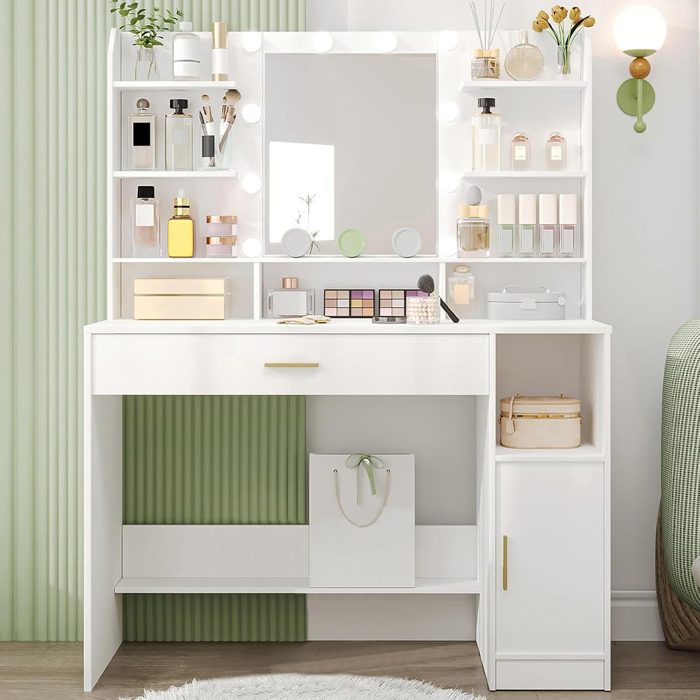 Hzuaneri Dressing Table White with LED Mirror Brightness Adjustable Doors