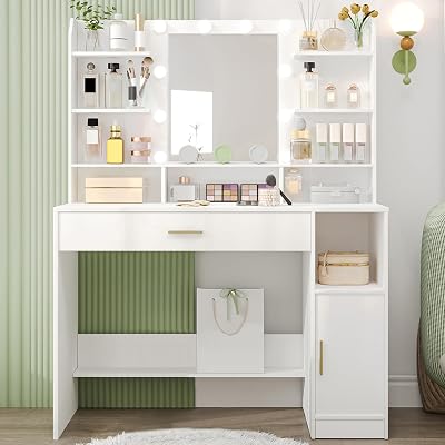 Hzuaneri Dressing Table White with LED Mirror Brightness Adjustable Doors