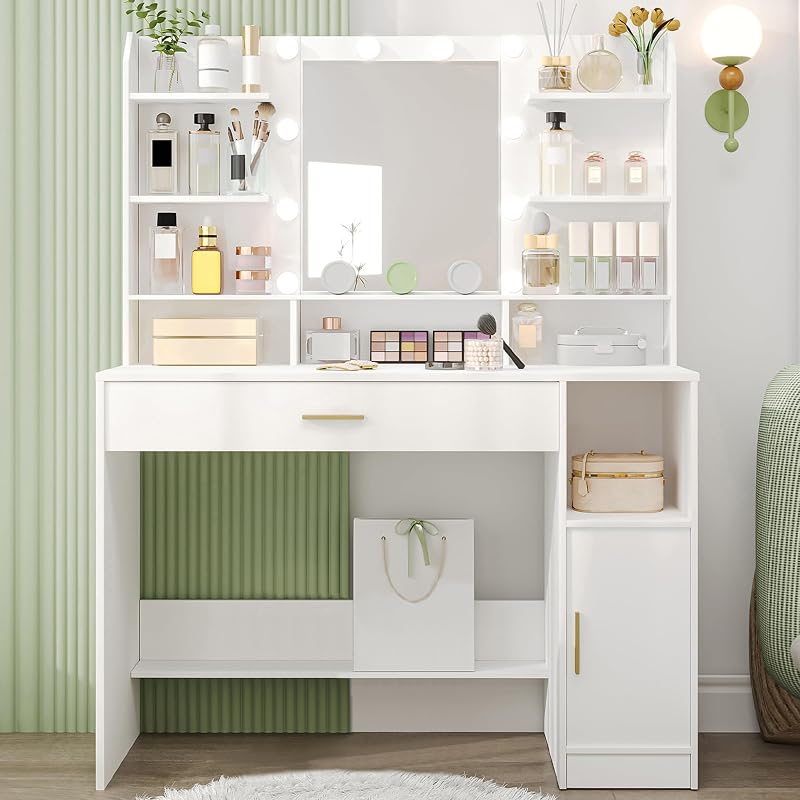 Hzuaneri Dressing Table White with LED Mirror Brightness Adjustable Doors