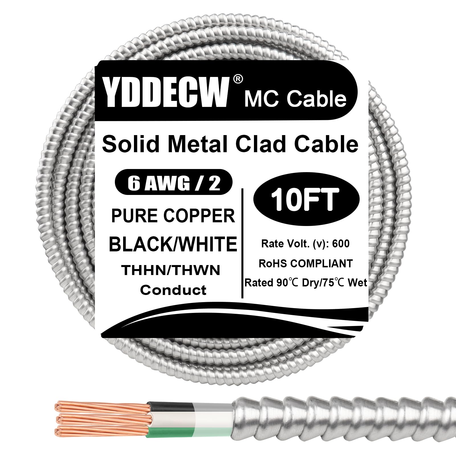 Photo 1 of 10ft 6/2 Metal Clad (MC) Cable with Ground, 6 Gauge Electric Wire with Aluminum Armor, Solid Bare Copper Conductors for Indoor Outdoor Underground Embedded Installation (6/2, 10 ft)