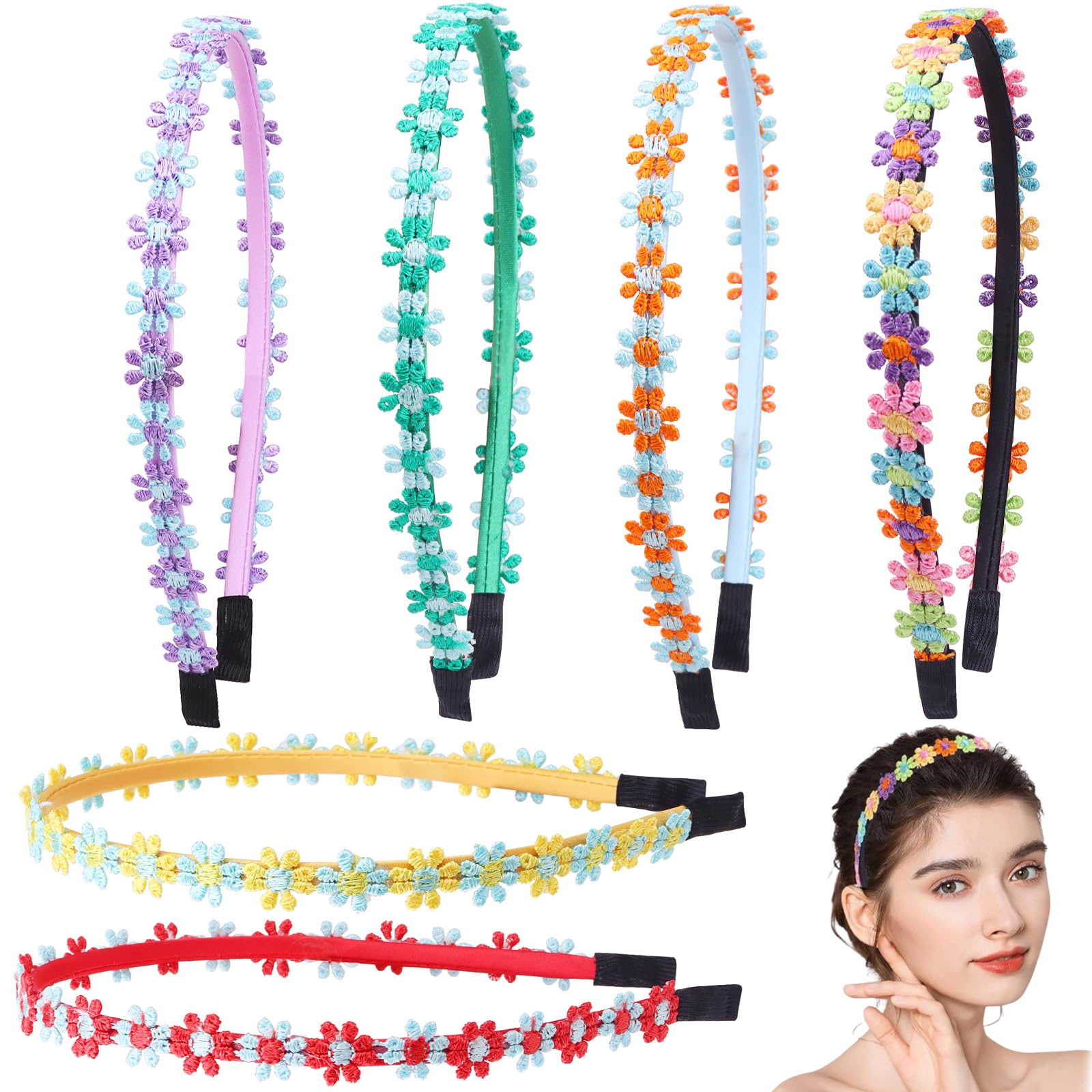WUERKIYA 6Pcs Flower Crown Headband, Daisy Flower Wreath Headband Hair Band, Headpiece Multicolor Boho for Women, Girls, Wedding, Festival, Party, Hair Headbands Accessories