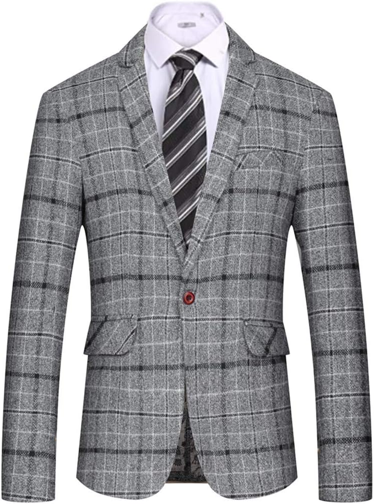 FTIMILD Mens Plaid Suit Jacket Classic Oxford Blazers Slim Fit Formal Dinner Coat one Button Regular Fit Blue