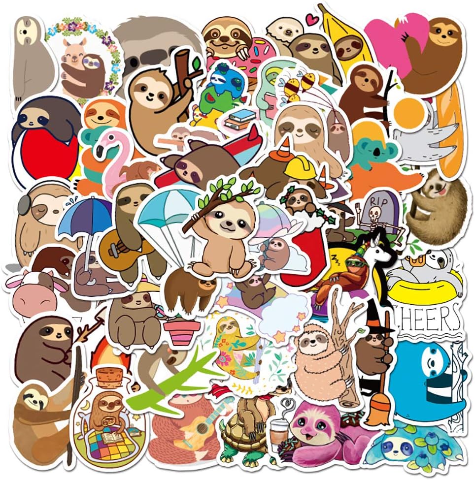 50 pcs Waterproof Cute Aesthetic Sloth Stickers for Laptop, Water Bottles, Phone Case, Hydroflasks, MacBook, Computer, Cars, Sloth Vinyl Decals Kids Party Favors