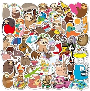 50 pcs Waterproof Cute Aesthetic Sloth Stickers for Laptop, Water Bottles, Phone Case, Hydroflasks, MacBook, Computer, Cars, Sloth Vinyl Decals Kids Party Favors