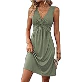 LLHXRUI Women's Twist Front V Neck Ruffle Casual Summer Dress Sexy Elegant Sleeveless Club Party Tunic Bodycon Mini Dresses