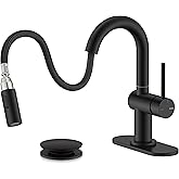 KENES Pull Down Bathroom Faucet with Sprayer, Matte Black Single Handle Bathroom Sink Faucet with Pull Out Sprayer, Vanity Bar Faucet with Pop Up Drain & Deck Plate, KE-9065B-2
