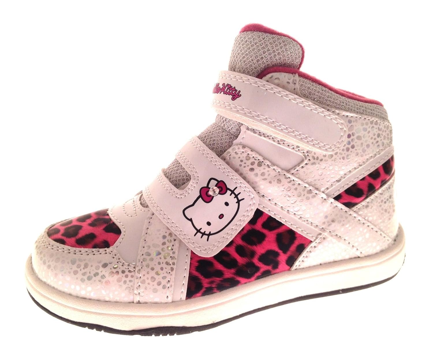 Hello Kitty Girls Hook and Loop Hi Tops Boots White/Pink Leopard Print