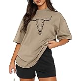 SANIXJOO Western Outfit for Women Boho Cow Skull Graphic Tees Country Concert Short Sleeve Outfits