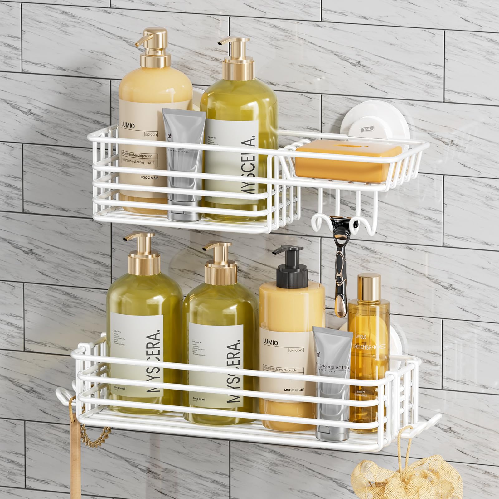Photo 1 of TAILI Shower Caddy Suction Cup 2 Pack with Hooks & Soap Holder, Heavy Duty Shower Organizer for Bathroom, No Drilling Bathroom Organizer with Large Capacity, Metal Storage Basket-White
