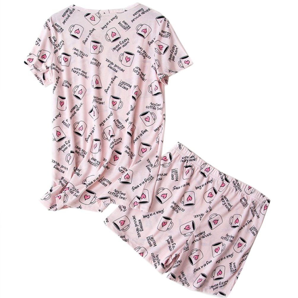 ENJOYNIGHT Women\'s Cute Sleepwear Print Tee and Shorts Pajama Set (Large, Cup)