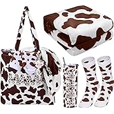 Yaomiao 5 Pcs Cow Gifts Set for Women: 20 oz Cow Pattern Stainless Steel Tumbler with Lid, Straw, Tote Bag, Warm Throw Blanket, Keychain, Animal Pattern Socks(Light Brown)