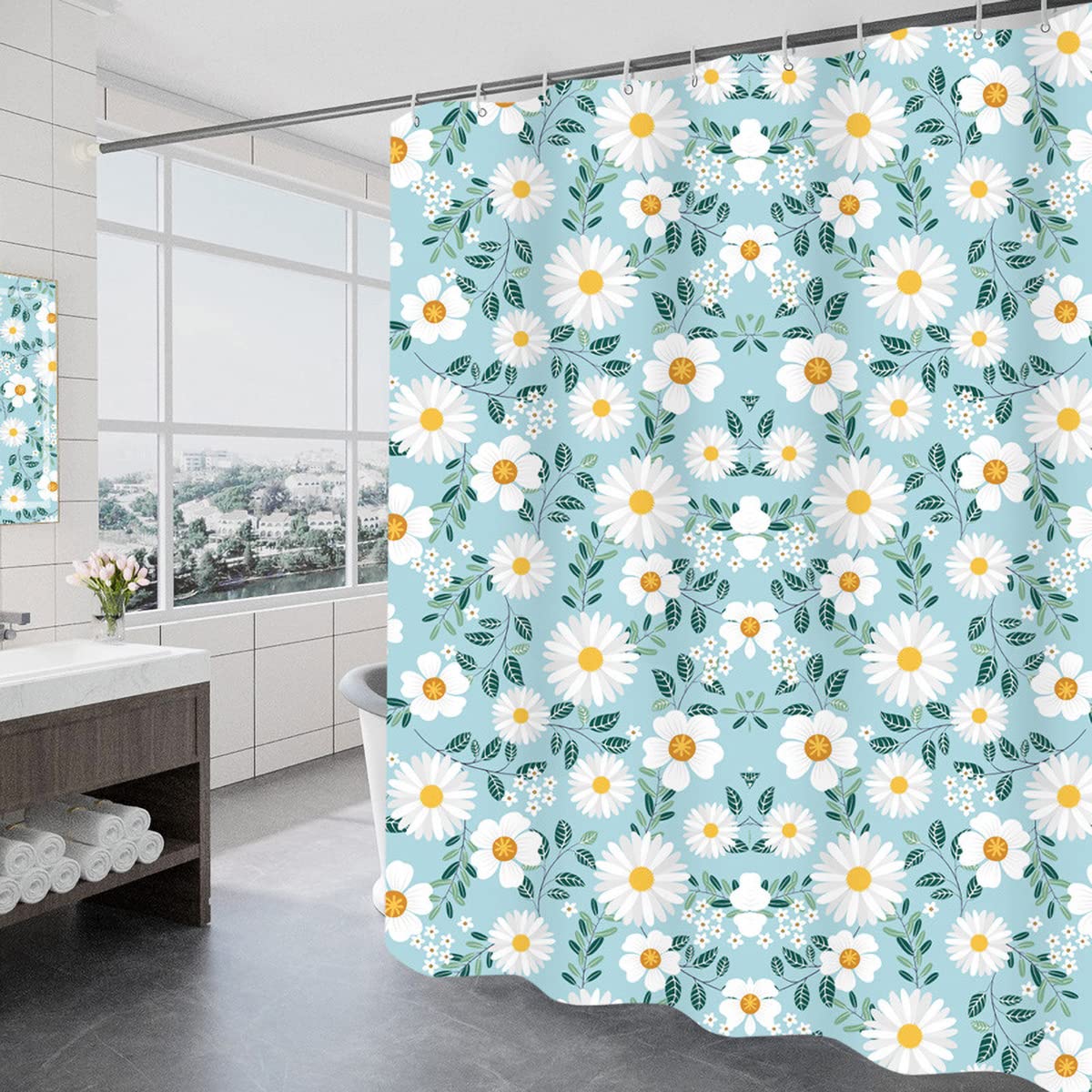 GONOVE Shower Curtain 180 x 180cm Mildew Resistant Waterproof Thicken Polyester Fabric Flowers Bathroom Shower Curtain Liner Long Washable Bath Curtain with Hooks, Weighted Hem — image 1