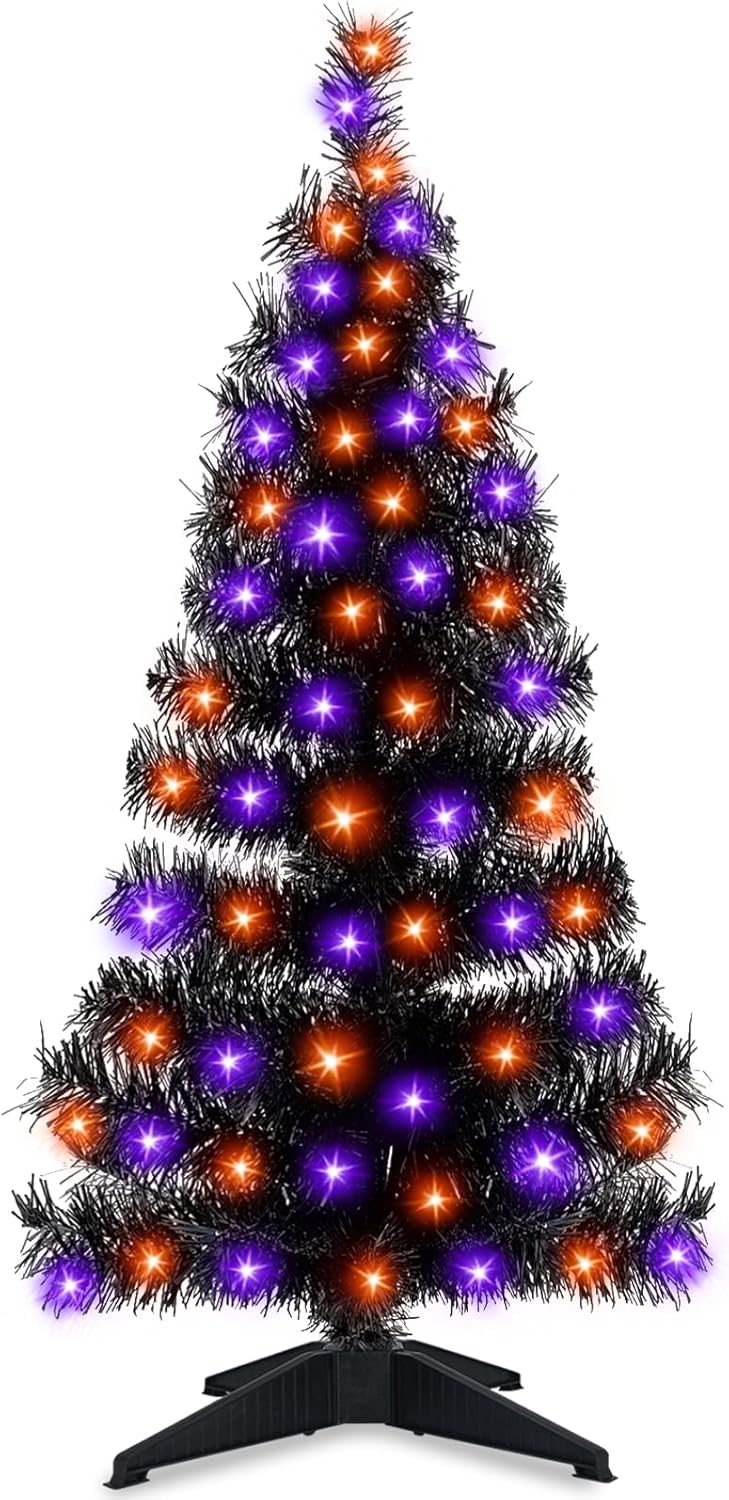 Trees - TURNMEON 3 Ft Orange Purple Lighted Halloween Tree Artificial Black Halloween Tree with Timer 60 Lights Battery Powered Xmas Tree for Halloween Decorations Indoor Outdoor Holiday Party
