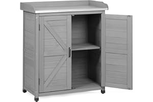 MEDERLA Potting Bench with Storage Cabinet and Metal Table Top for Outdoor Patio, Garden Furniture Wood Workstation (Classsic Grey, 31.5x17x39)