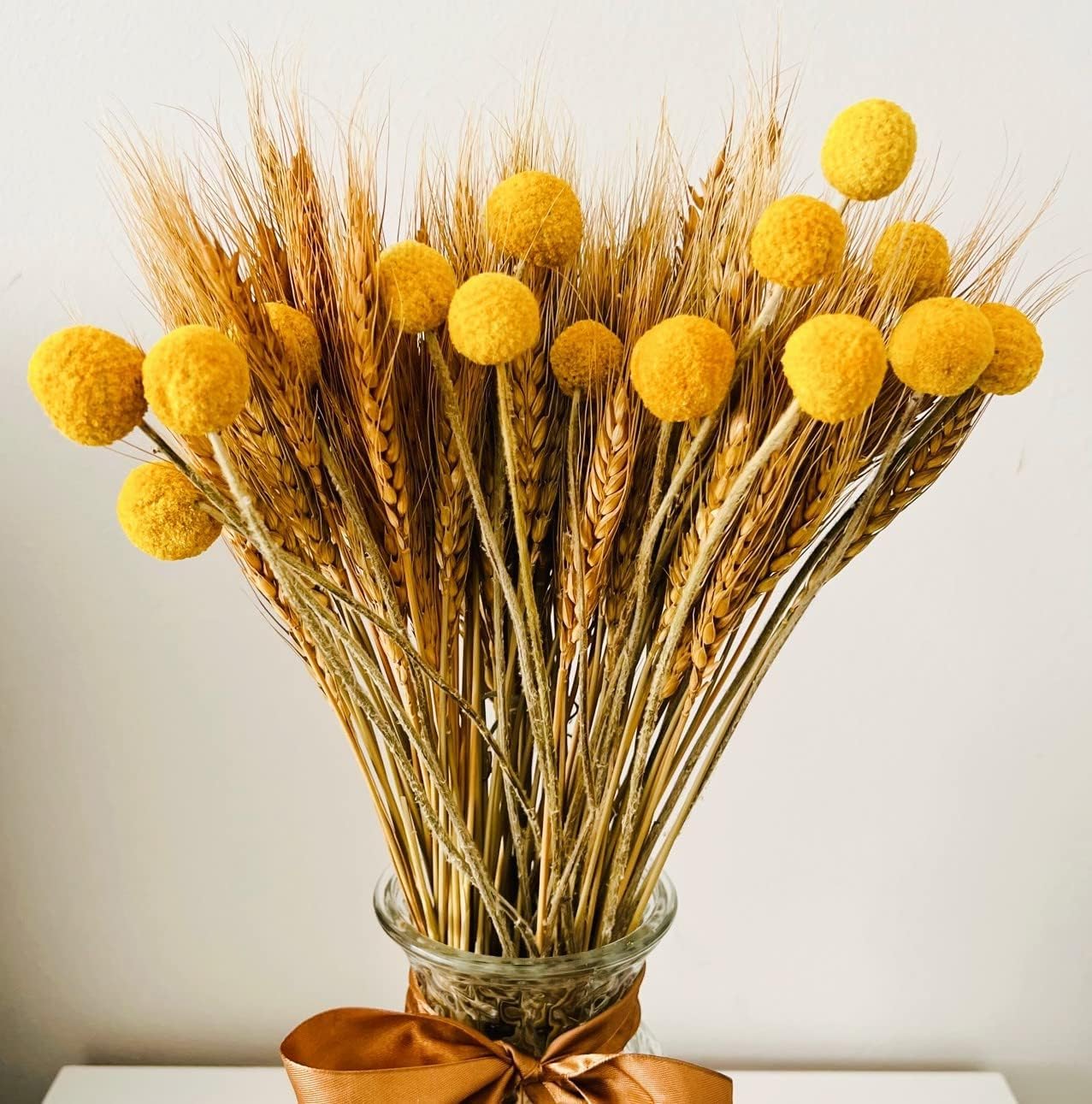 Dried & Preserved Flora - 100pcs Dried Wheat Grass Decor & 15 Stems Yellow Billy Balls Buttons, Dried Flowers Bouquet, Wheat Stalks Bundles for Decorations, Corn Stalks, Fake Wheat Decor, Fall Floral Decor