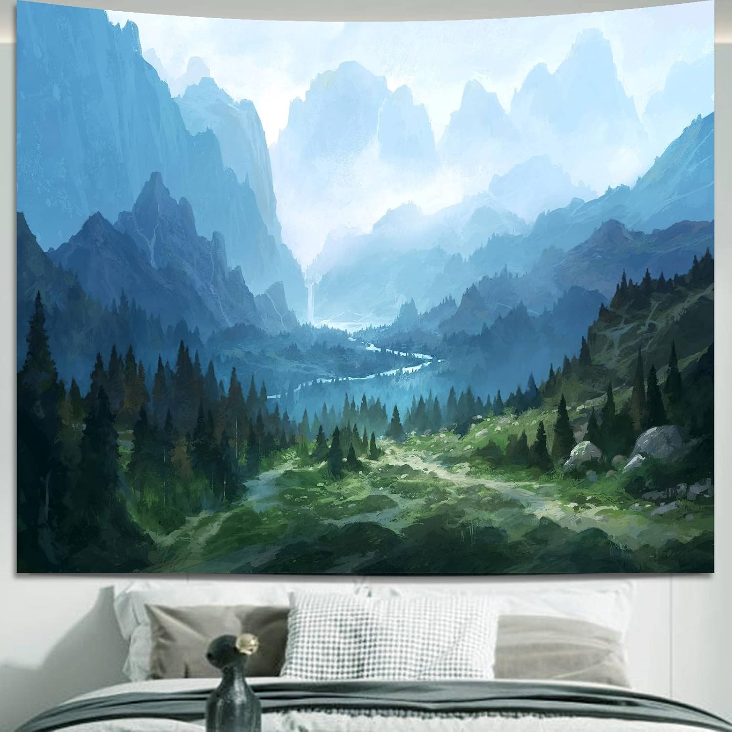 Tapestries - Apdidl Forest Tapestry for Bedroom Aesthetic Nature Foggy Mountain Tree Wall Tapestry Landscape Backdrop Green Woodland Scenery Wall Hanging for Living Room Ceiling Decor (51'' x 60'')