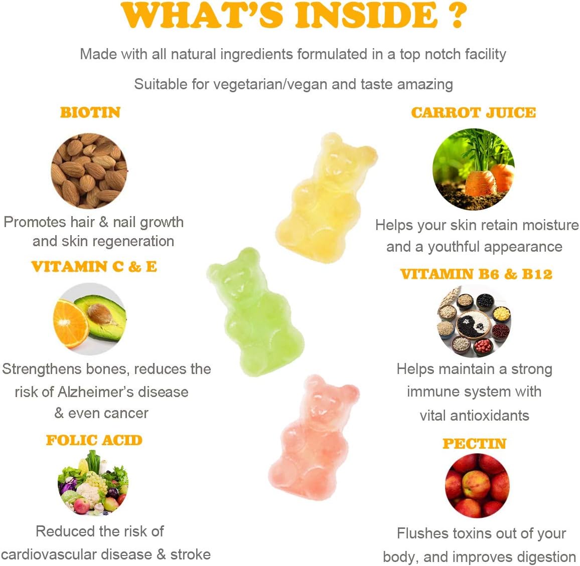 Vegepower Biotin Vitamin Gummies 10000 mcg for Fast Hair Growth, Skin and Nails-Collagen Booster Plus Multivitamin C & E, Vegan, Pectin-Based, Non-GMO, for Women Men-3 Natural Fruit Flavors: Health & Personal Care