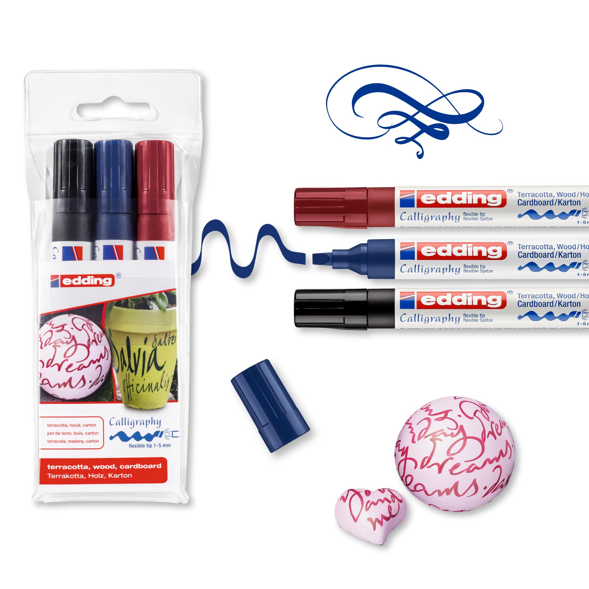 edding 1455 calligraphy marker - set of 3 markers - black, steel blue, crimson lake - flexible calligraphy nib 1-5 mm - fibre pen for paper, wood, terracotta, canvas - hand lettering, bullet journals
