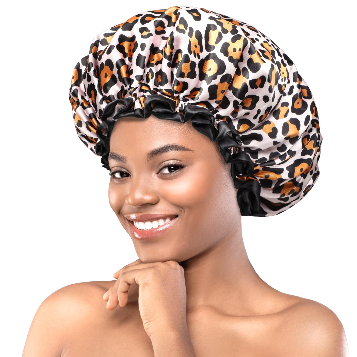 Photo 1 of mikimini Large Shower Cap for Women Long Hair, Leopard Stylish Shower Caps with Black Lace, Double-layer Waterproof, Reusable, Washable